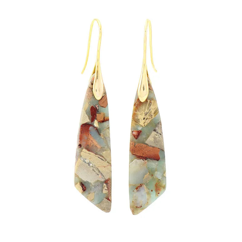 Natural stone water drop shape earrings with copper ear hook in Shoushan 18K gold colour
