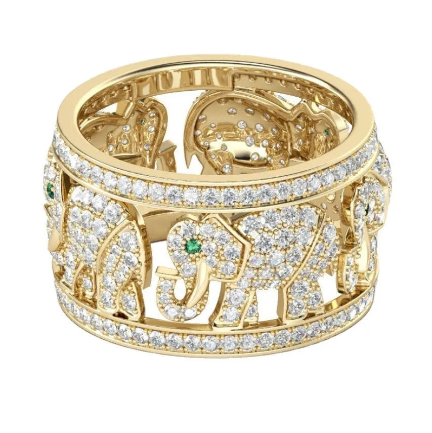 Close-up of a women's alloy elephant ring with full diamond-pattern band and electroplated finish.