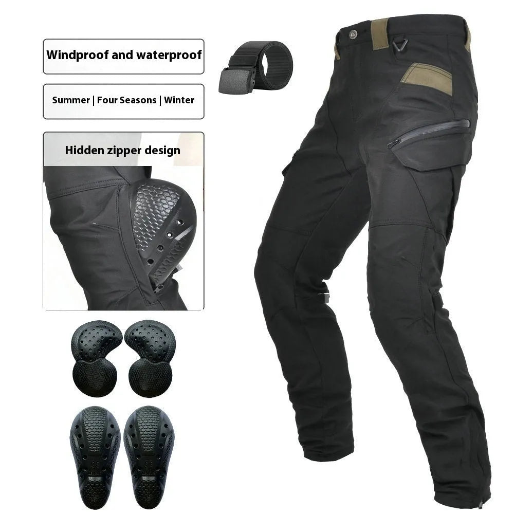 Motorcycle waterproof cycling trousers with belt and protective gear set in black or green colours