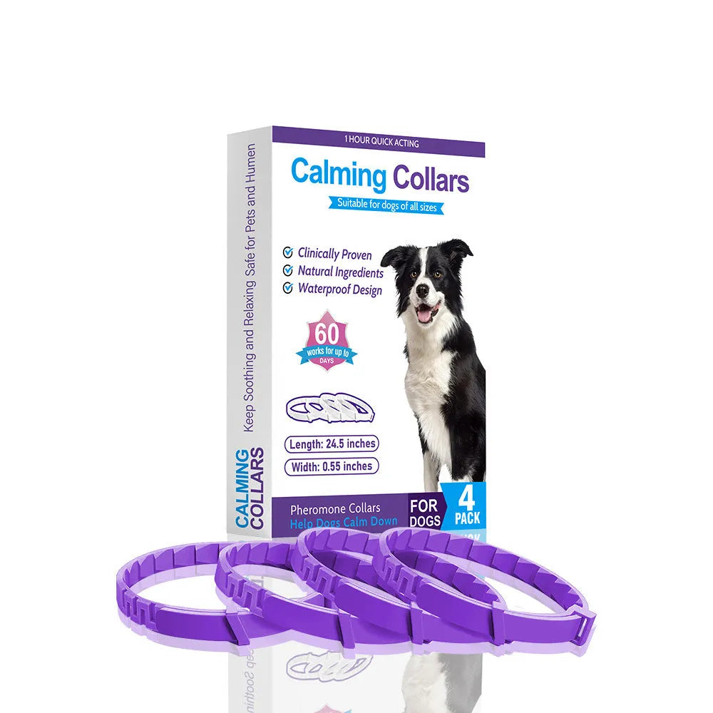 Four dog collars in assorted colours with Chinese style monochrome patterns, TPR material construction
