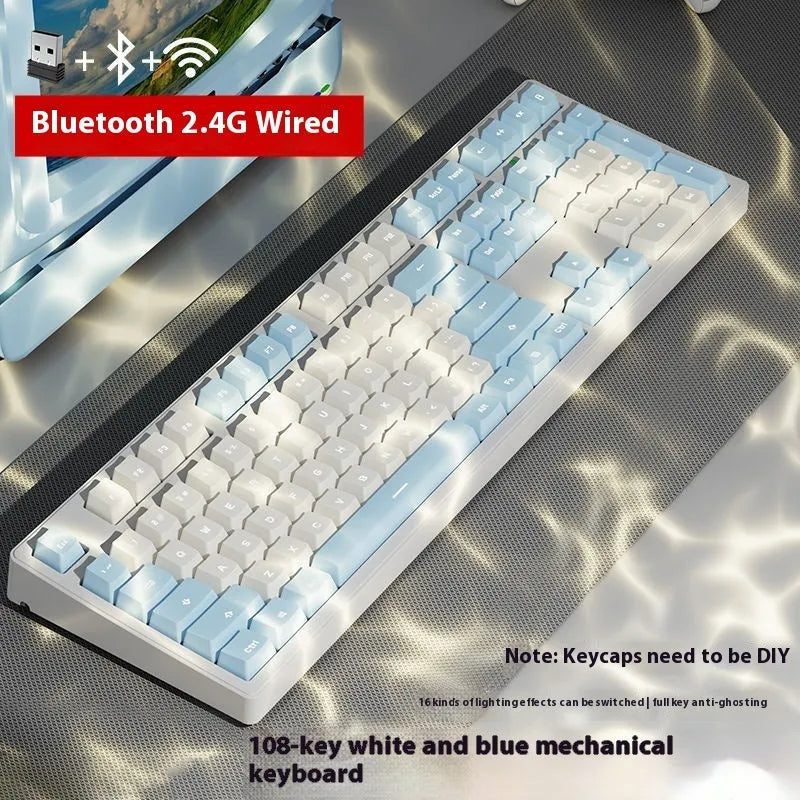 Triple-mode mechanical keyboard in various colour options showing 87-key and 108-key layouts