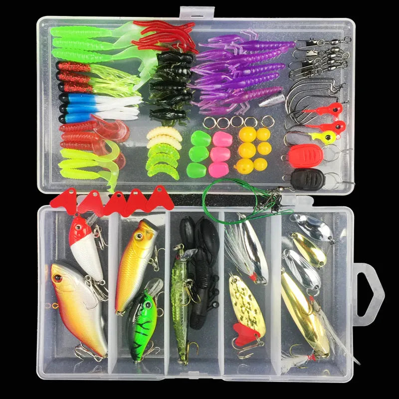 Junior entry-level fishing bait lure suit set in a PP storage box, showing multiple lure types.