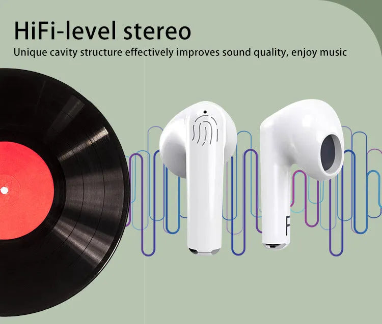 White wireless Bluetooth earphones with charging case, semi in-ear design with noise reduction.