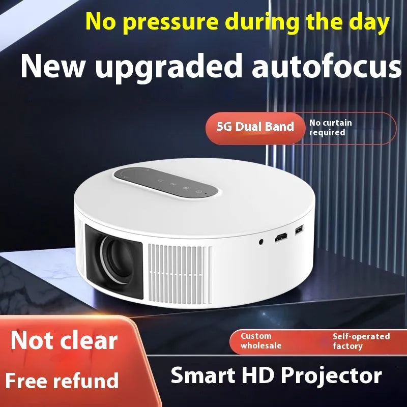 White HD home theatre projector with remote control on a table
