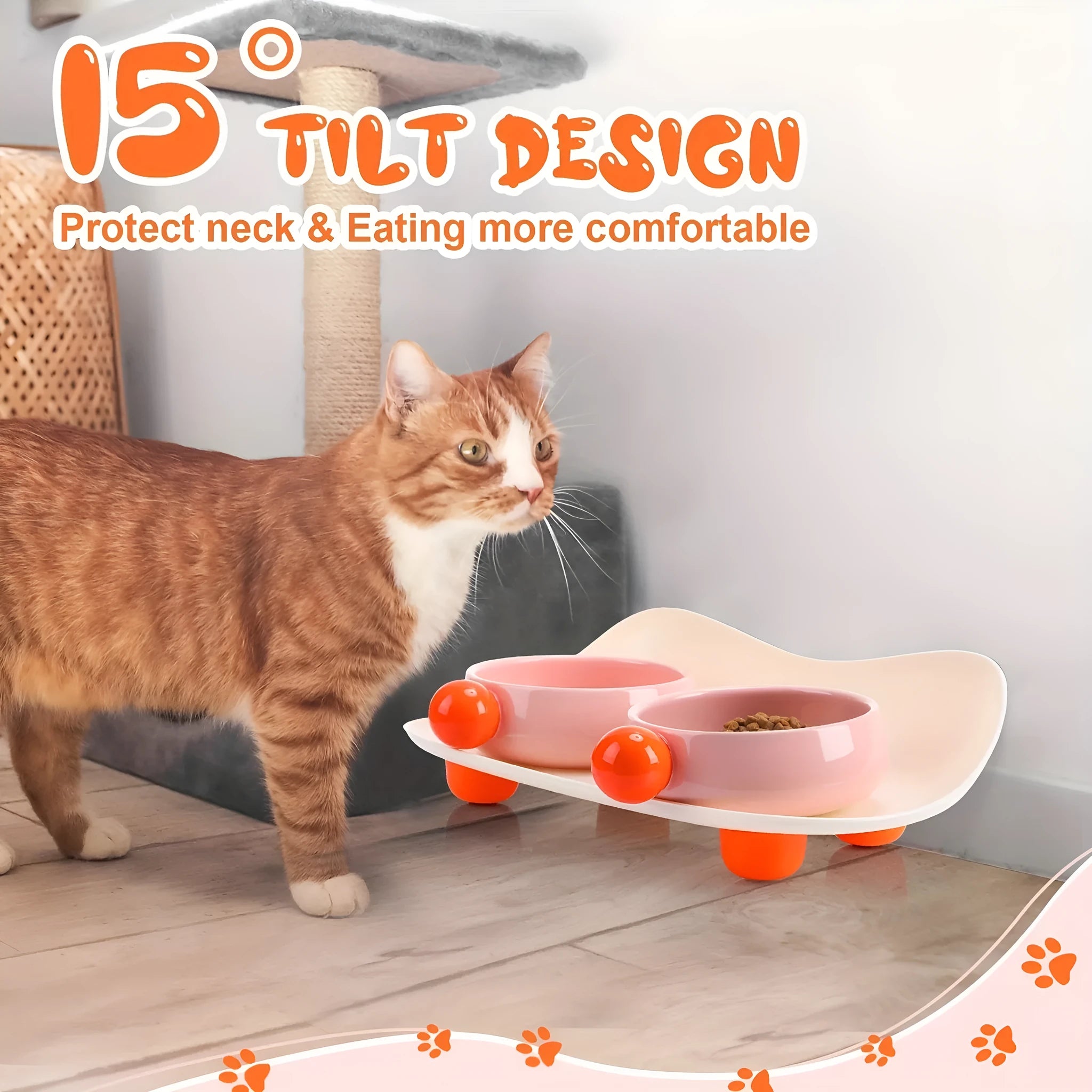 Ceramic double-raised cat bowl set in pink, yellow, or pink yellow with non-slip base