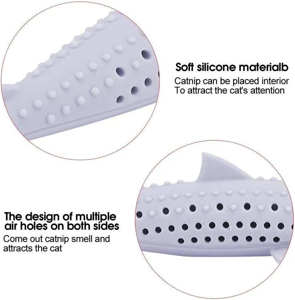 Silicone fish-shaped cat chew toy with breathable holes in green, pink, or purple colours