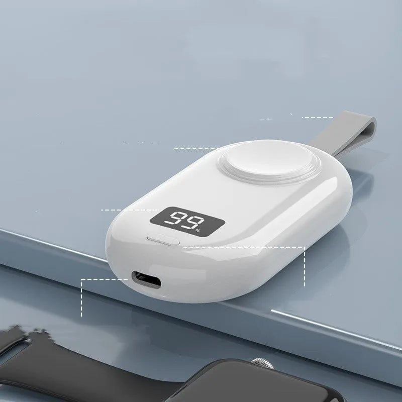 Compact black and white wireless power bank for V5 smartwatches with Type-C port