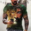 Men's 3D printed Jesus pattern t-shirt in polyester bird eye cloth fabric showing graphic design detail