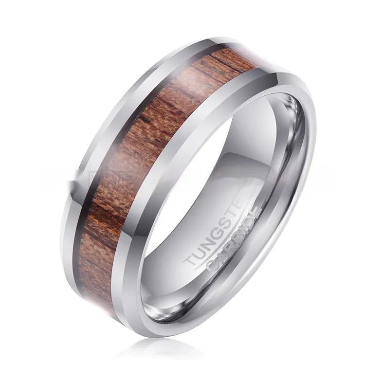 Men's tungsten ring with wood and leather Ugyen design on an 8mm rose gold band