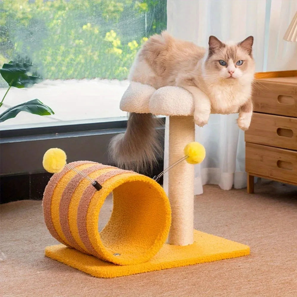 Yellow bee-shaped cat climbing frame with sisal scratching post and tunnel
