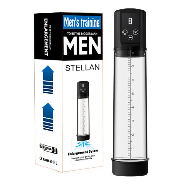 Men's masturbation device with diqiao electric training pump unit made from black ABS and grey TPE.