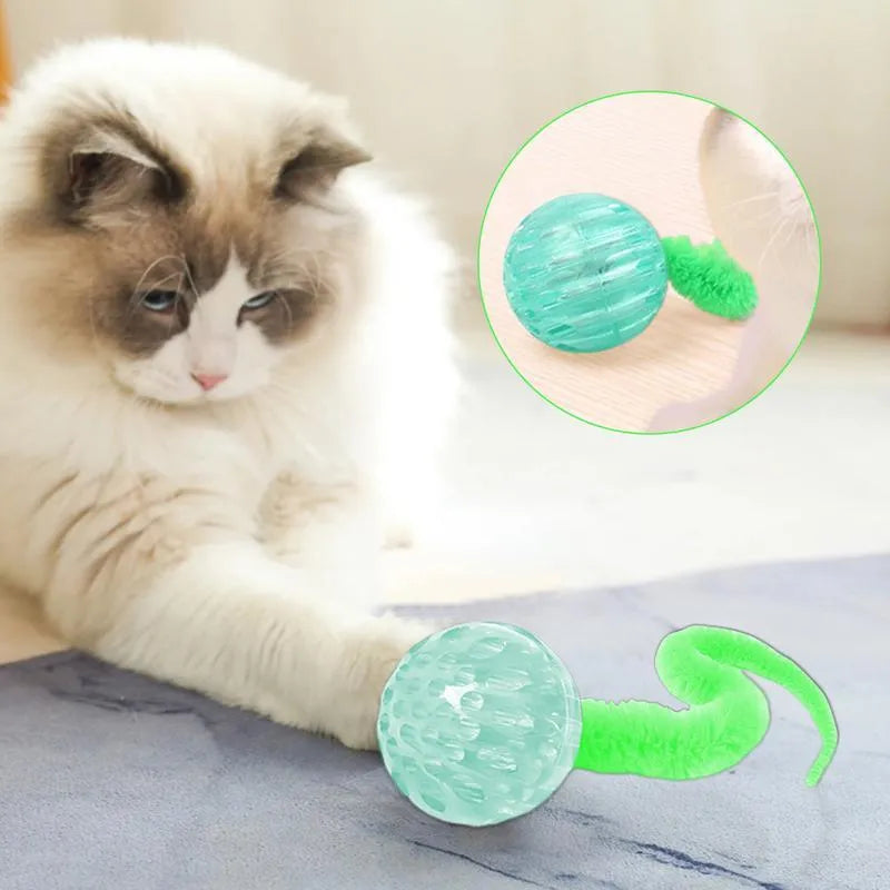 Interactive cat ball toy with TPR bouncy ball and plush tail in green colour
