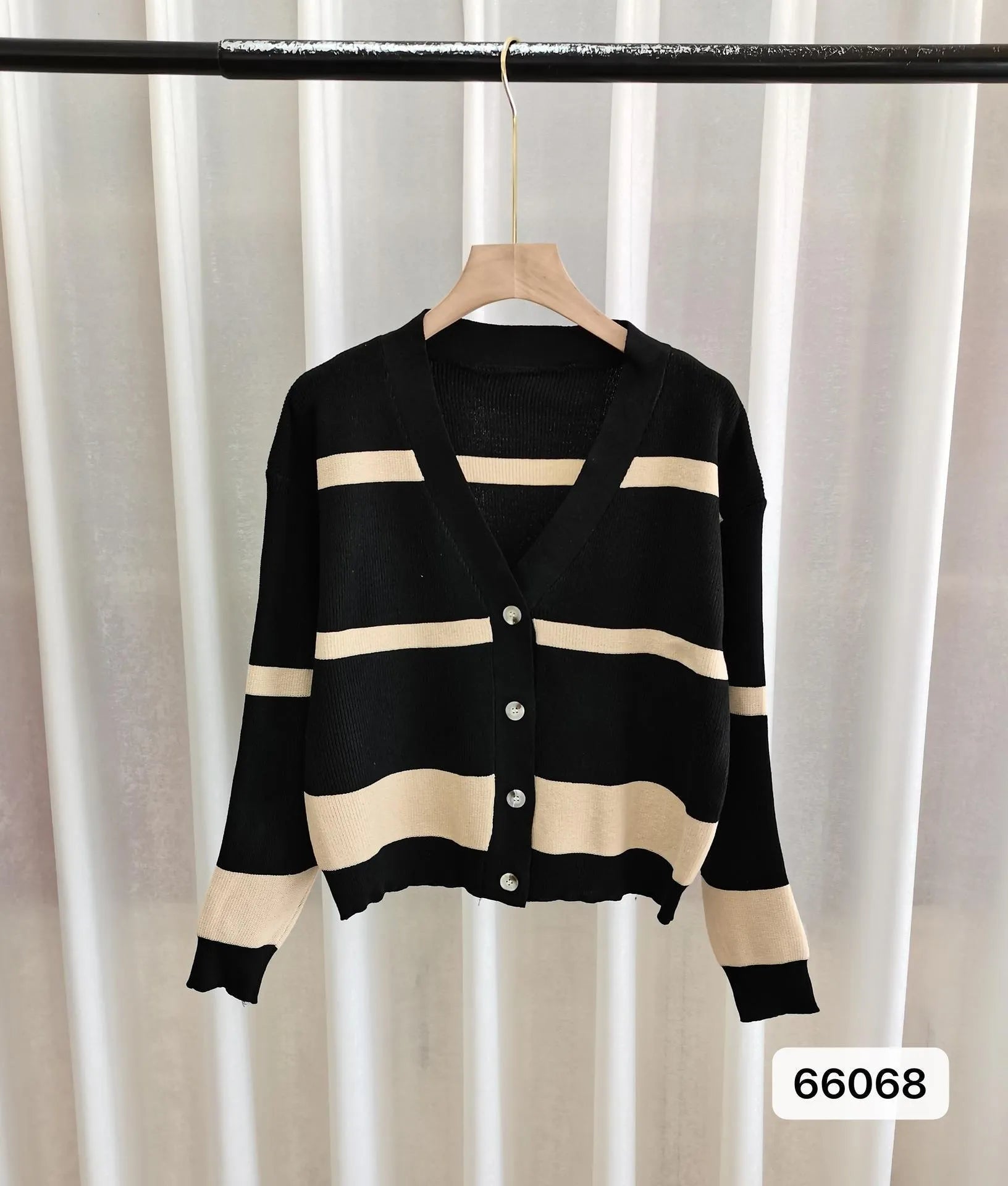 Women's 3D striped knitted cardigan with V-neck and buttons in black and white, green, camel, or black apricot.