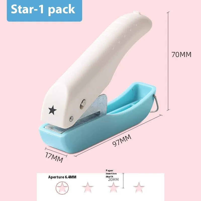 Manual kindergarten pattern punching machine showing love heart, star, and round embossing designs