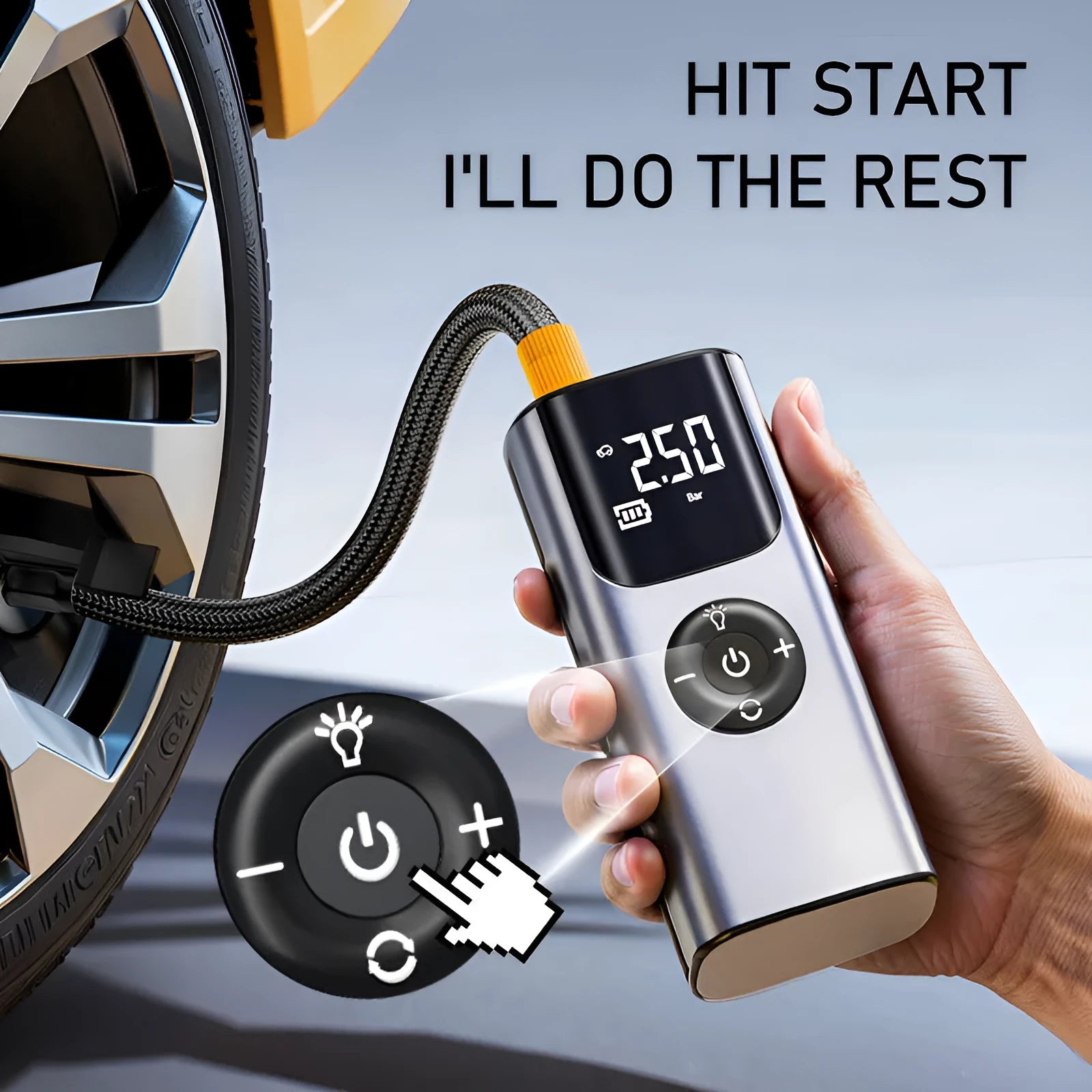 Car portable wireless tyre inflator 80W ABS air pump with pressure gauge and warning light in black
