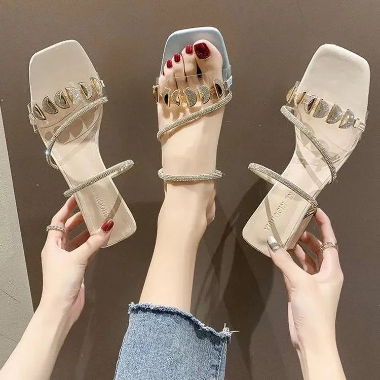 Women's dignified rhinestone sandals in white with square toe shape, PU upper, and rubber sole