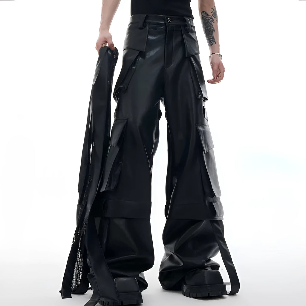Black loose fit retro-style trousers with quilted stitching and multiple pockets