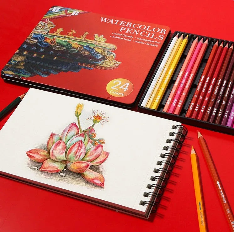 Open iron box showing 24 water-soluble coloured pencils in assorted colours.