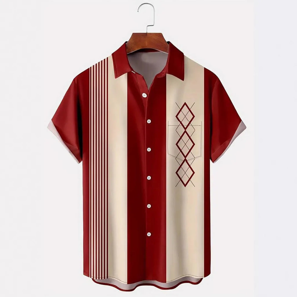 Man wearing plaid loose fit short sleeve shirt with lapel collar in cardigan style