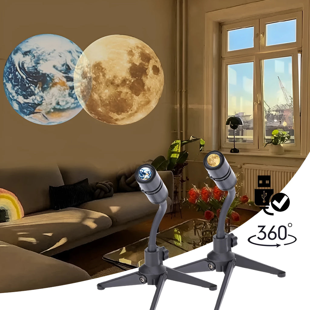 Earth and Moon projection lamp with adjustable hose bracket showing celestial projection effects