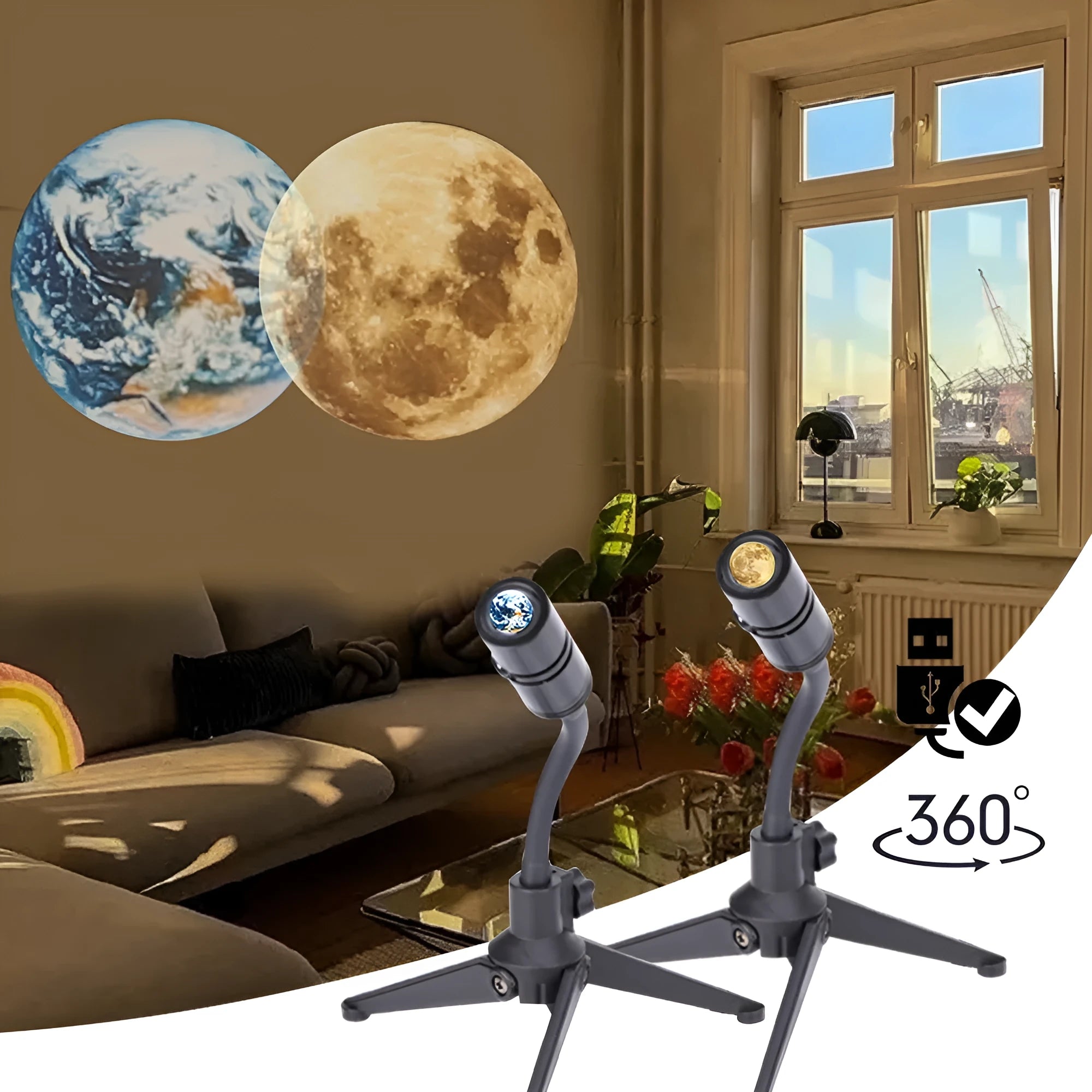 Earth and Moon projection lamp with adjustable hose bracket showing celestial projection effects