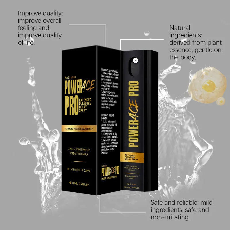 Men's 10 ml body moisturising spray bottle with botanical extracts including Eurycoma longifolia and rhodiola rosea.