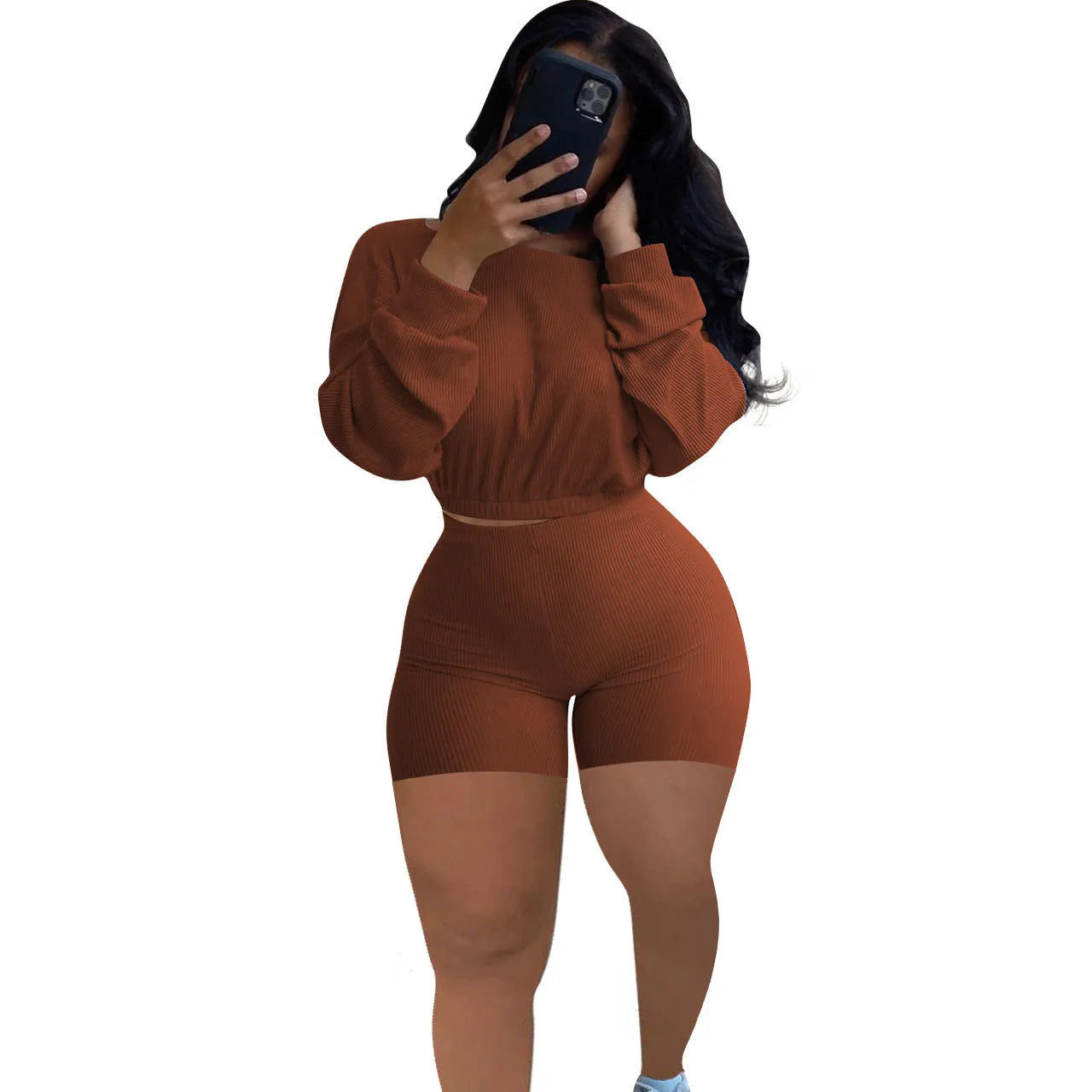 Women's off-shoulder top and matching shorts two-piece set in solid colour with sunken stripe pattern