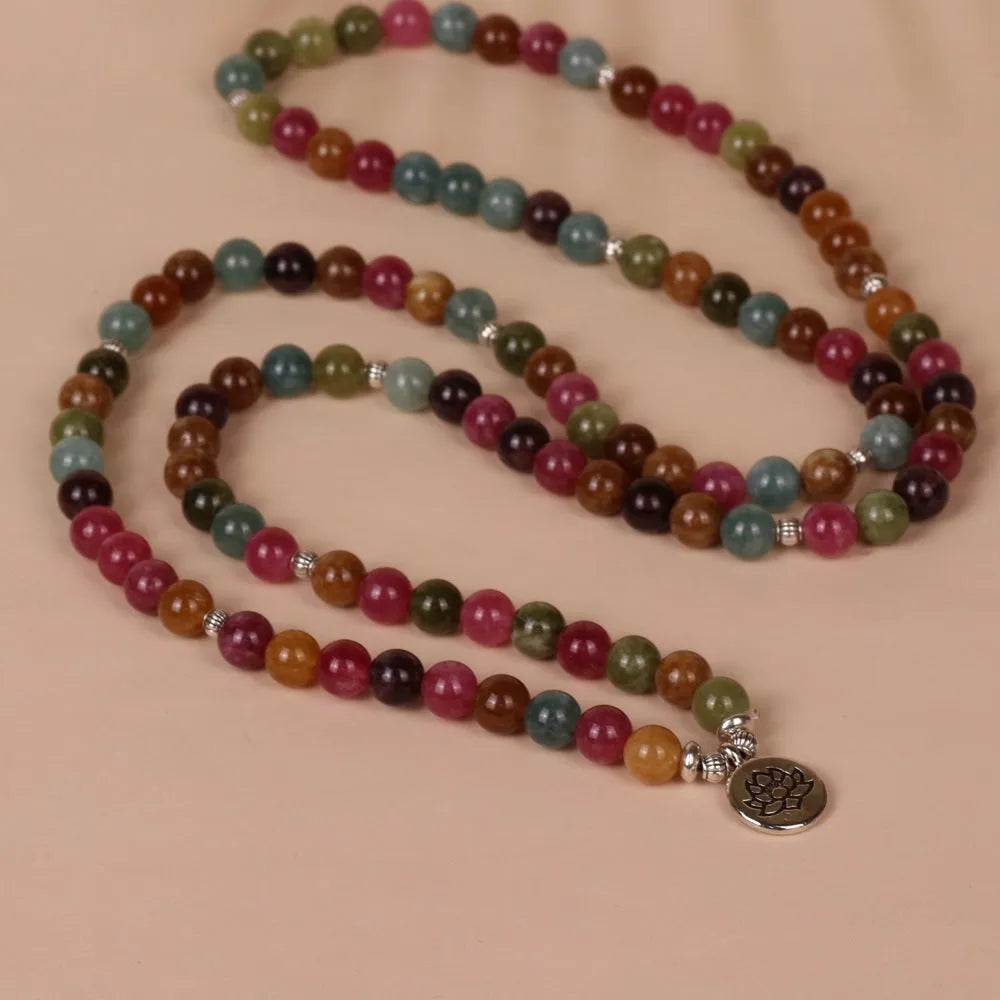 108 bead multi-layer bracelet with lotus charm in tourmaline colour alloy material