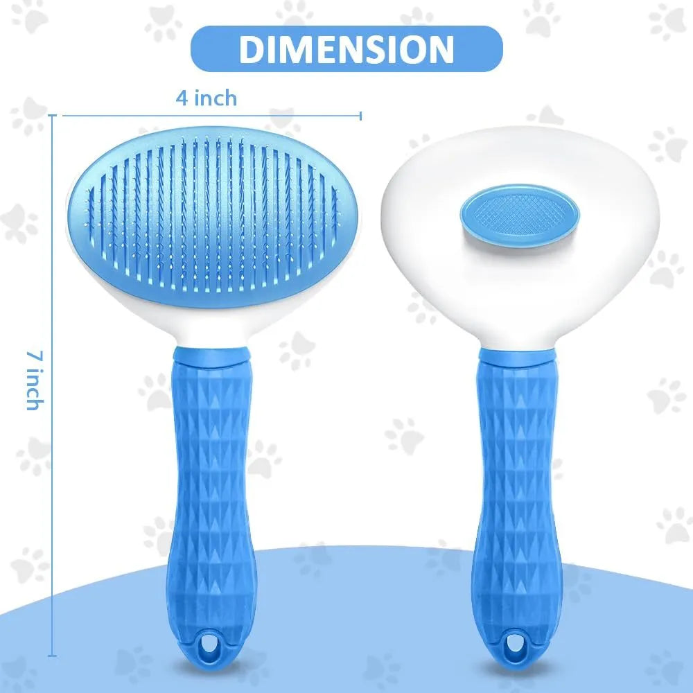 Cat grooming brush with release button in blue, grey, or pink colours for removing loose fur and tangles