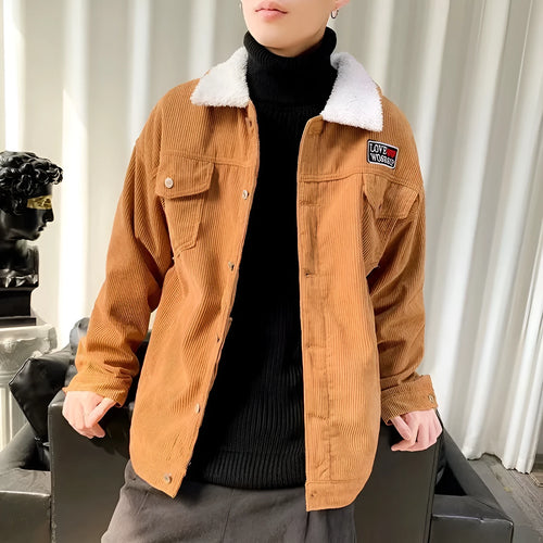 Men's loose fit corduroy workwear jacket in khaki colour with stick pockets and regular sleeves