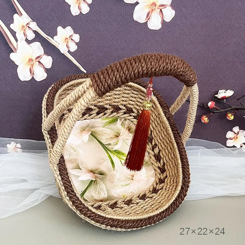Natural straw hand-woven rustic retro basket in coffee brown, measuring 19cm by 12cm.