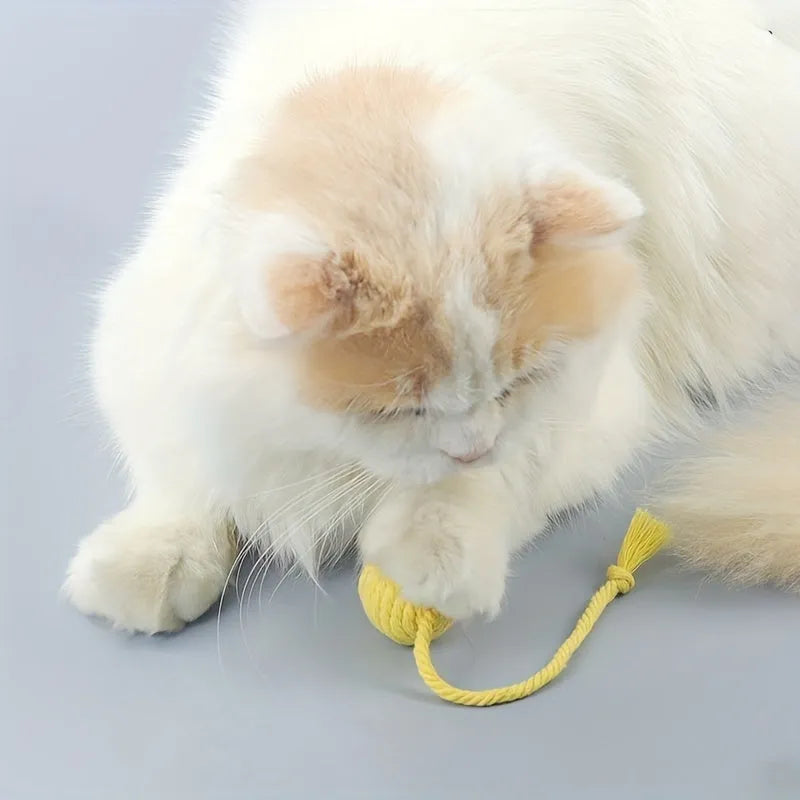 Green and pink soft plush cat toy balls with rope tails and internal bells
