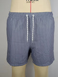 Striped men's beach shorts in navy blue with straight leg opening and polyester fabric