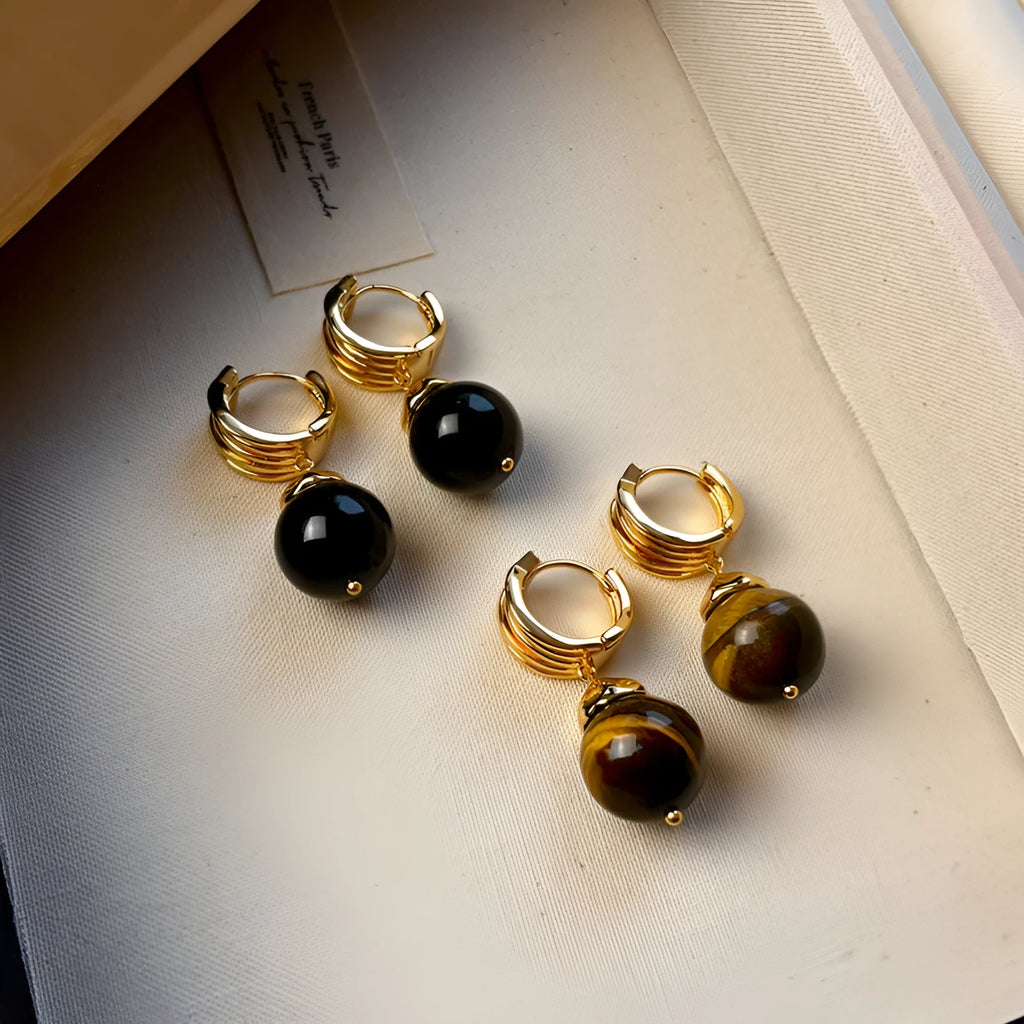 Geometric tigereye earrings with gold plating in French retro style, available in black and brown colours