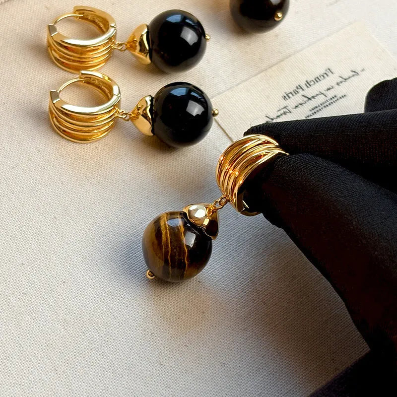 Geometric tigereye earrings with gold plating in French retro style, available in black and brown colours