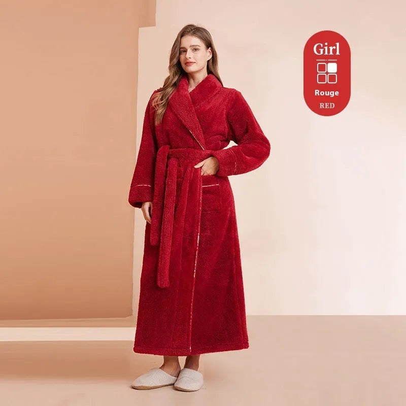 Thickened winter couple's bathrobe in Angola red flannel with European style cut and plus size options