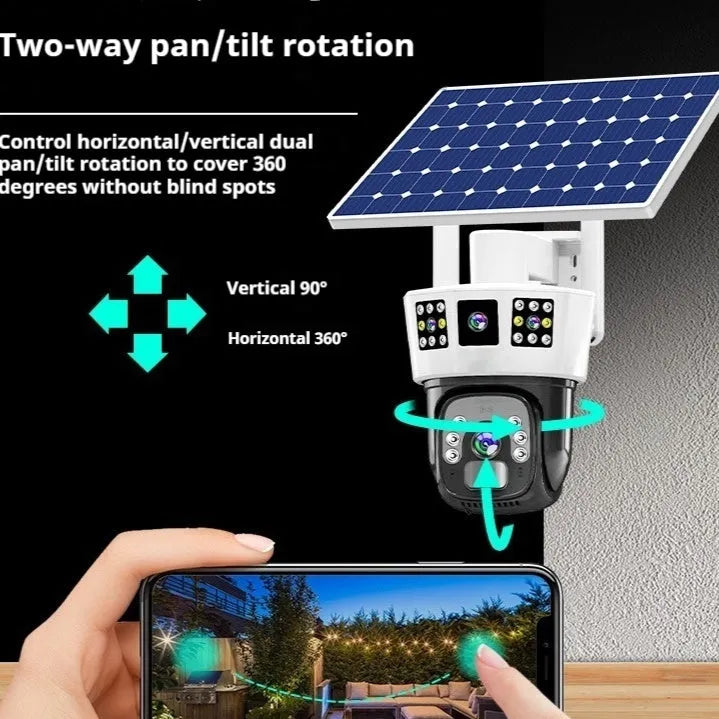 Solar binocular surveillance camera with three screens and integrated solar panel