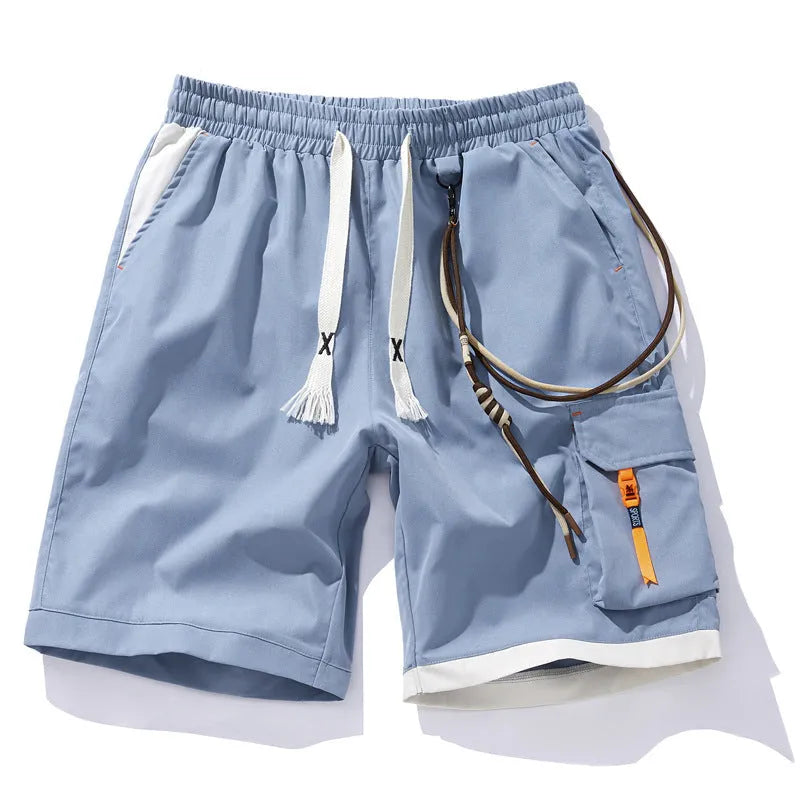 Men's plus size loose sports shorts in black, blue, coffee, and white featuring high waist and bamboo fiber fabric.