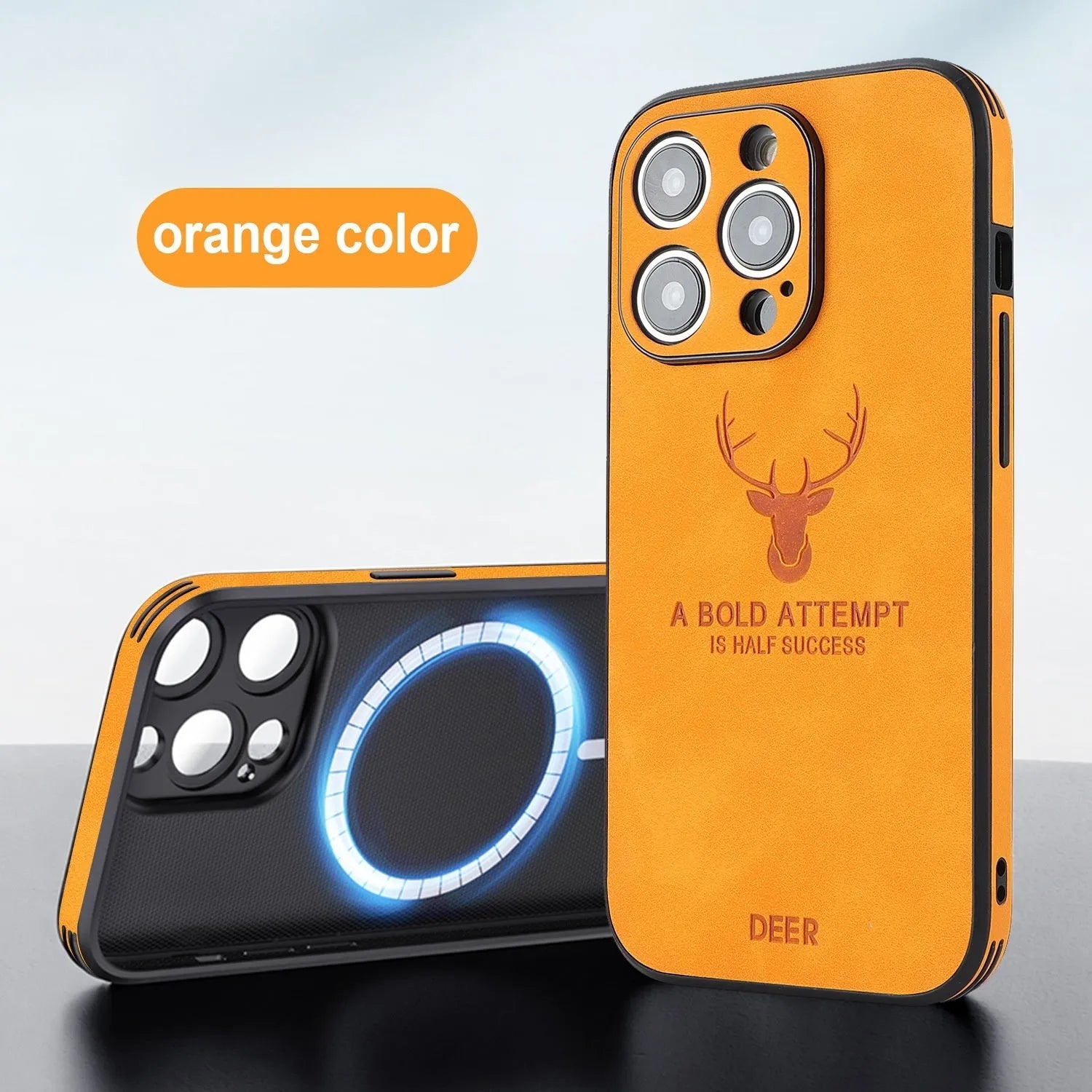 iPhone 16 magnetic charging case with 3D embossed moose head design in imitation leather