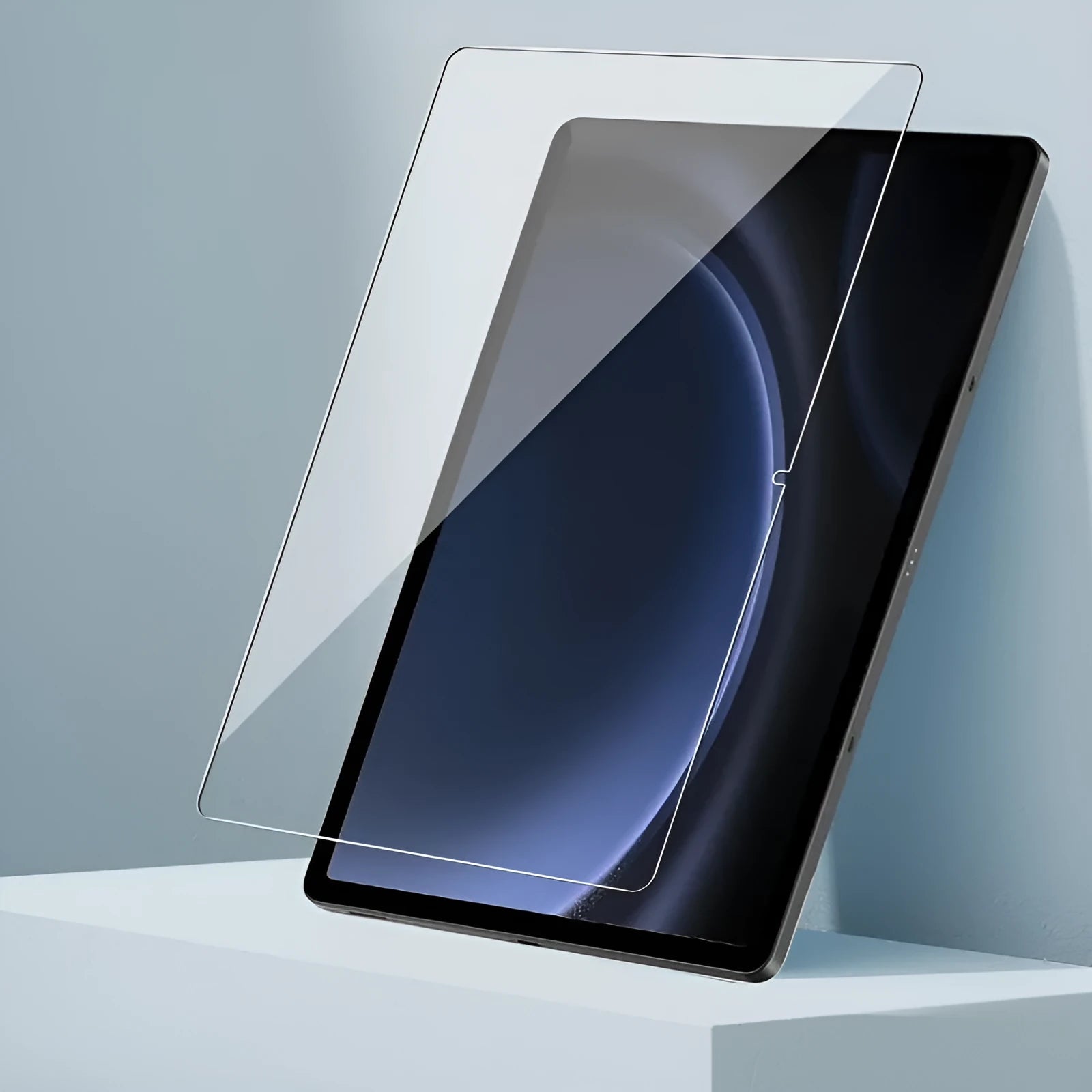Tempered glass screen protector for Samsung Galaxy tablet showing HD clarity and full coverage.