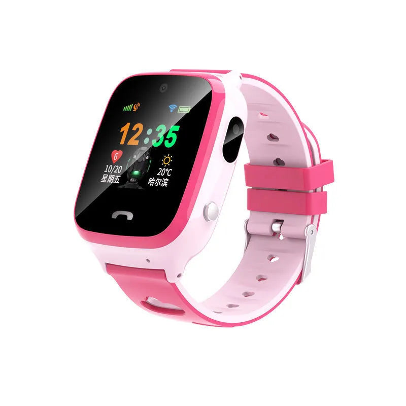 Blue children's smart phone watch with GPS positioning and HD touchscreen on silicone strap