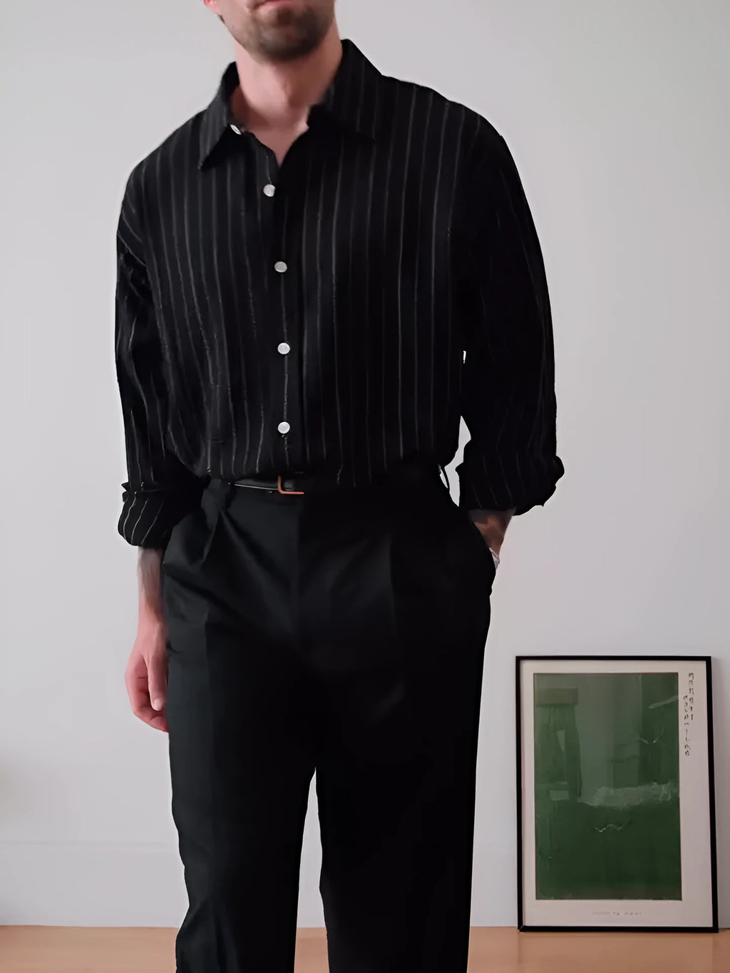 Men's black pinstripe button-down shirt with long sleeves and a regular fit