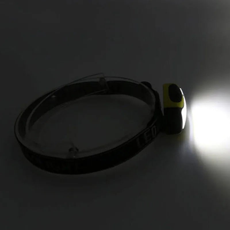 Yellow plastic three-speed LED headlamp for outdoor activities.