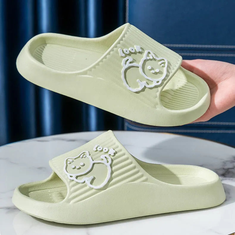 Women's cat-themed platform slides with thick EVA sole in multiple colours.