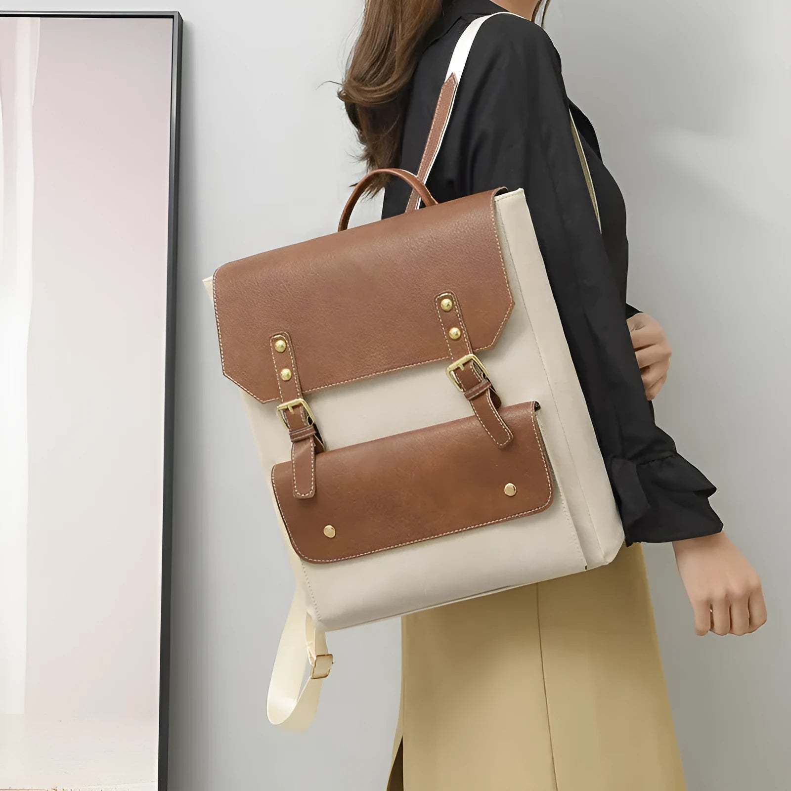 Korean style retro backpack in soft PU material showing ventilation features and burden reduction design