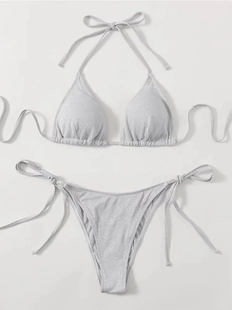 Women's split bandage bikini swimsuit in polyester fabric showing six colour options