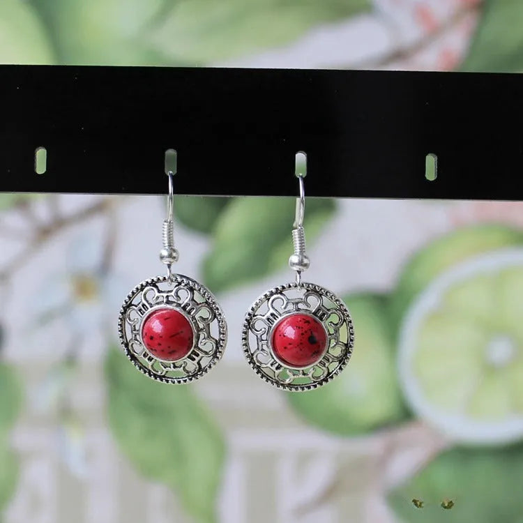 Handmade Miao silver ethnic earrings with turquoise flower disk geometry design