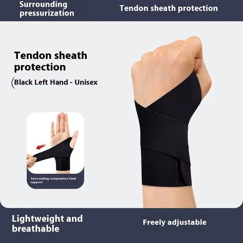 Adjustable black athletic wristguard worn on a wrist, suitable for sports like badminton and tennis.