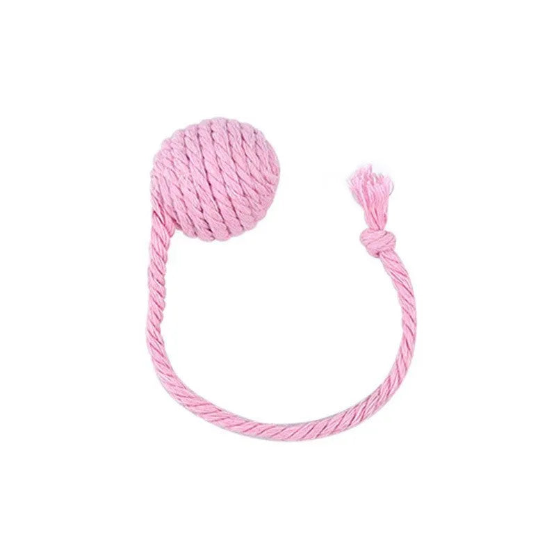 Green and pink soft plush cat toy balls with rope tails and internal bells