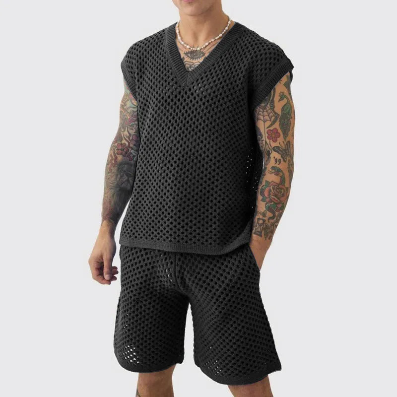 Men's blue V-neck vest and matching shorts summer sports suit